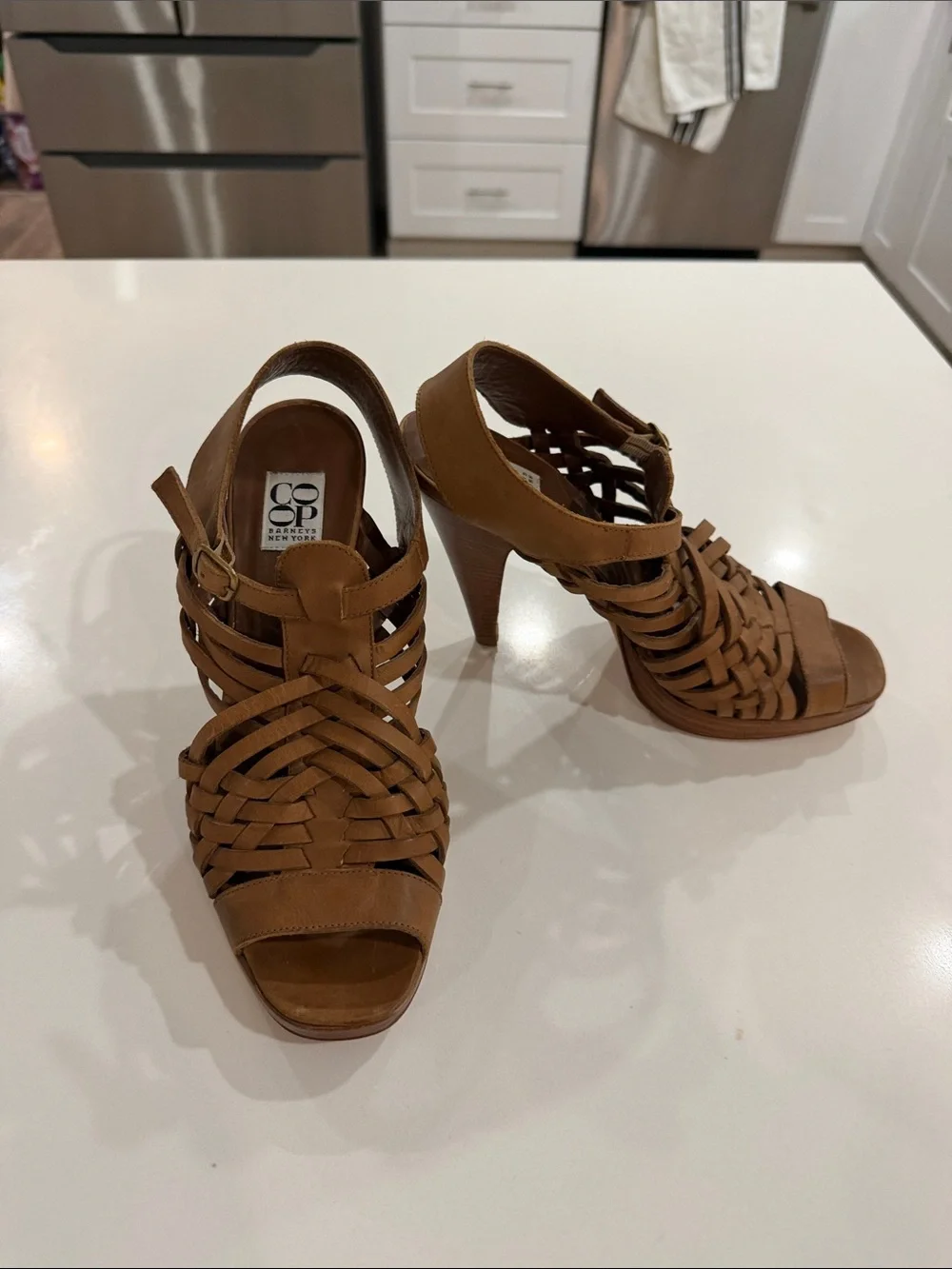 Barneys co-op Tan Woven Leather High Heel Sandals